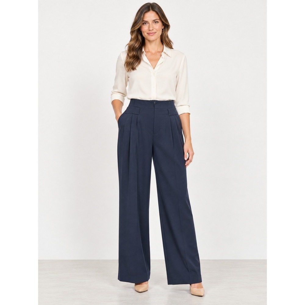 Classic Adrienne Vittadini Navy Wide Leg Pleated Trousers Dress Pants Size 10